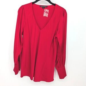 Boston Proper Silky Blouse Womens Small Red V-Neck Long Sleeve Holiday Dressy